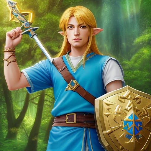 Heroic Link in Mystical Forest: Oil Painting Style