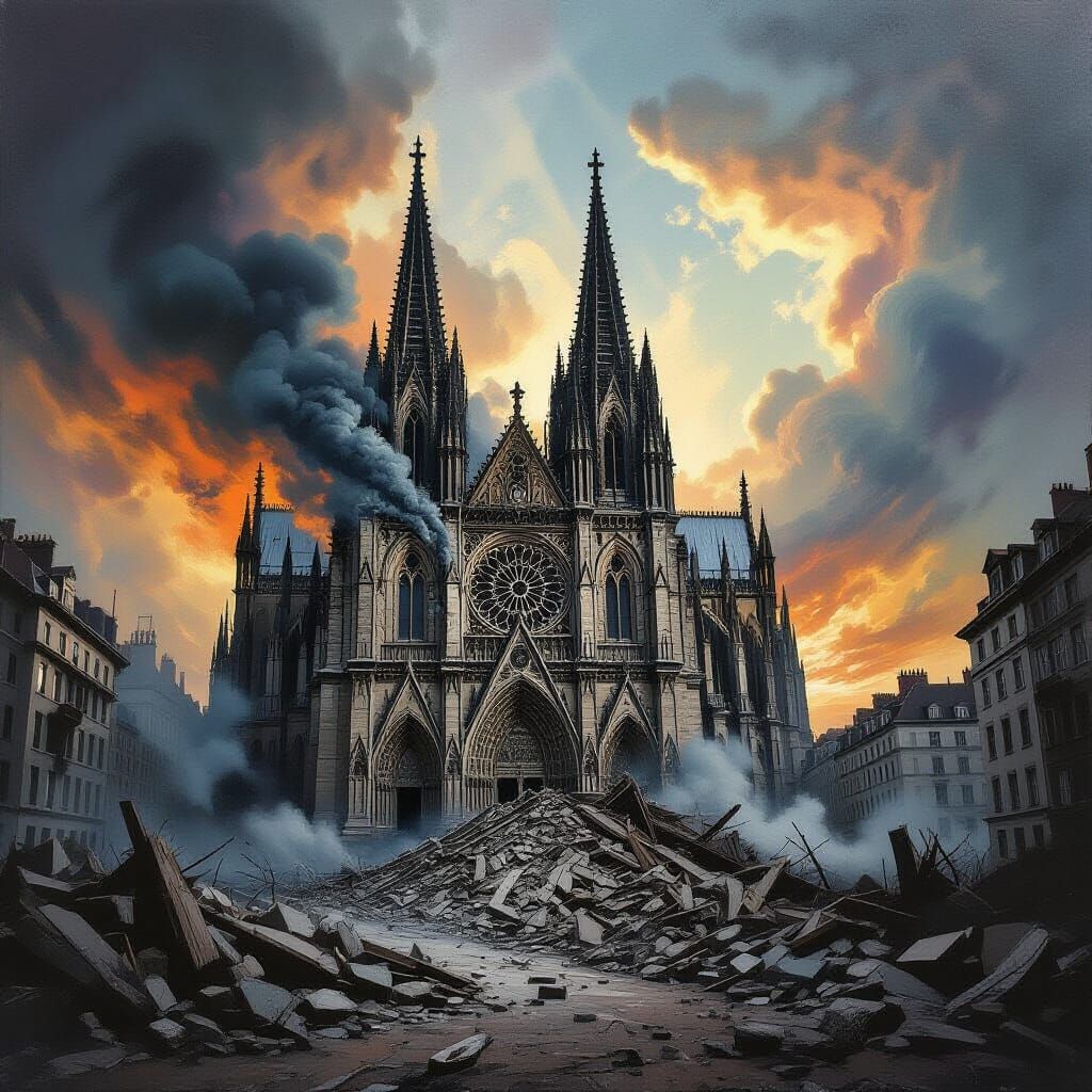 Ominous Action Painting of a Ruined Cathedral
