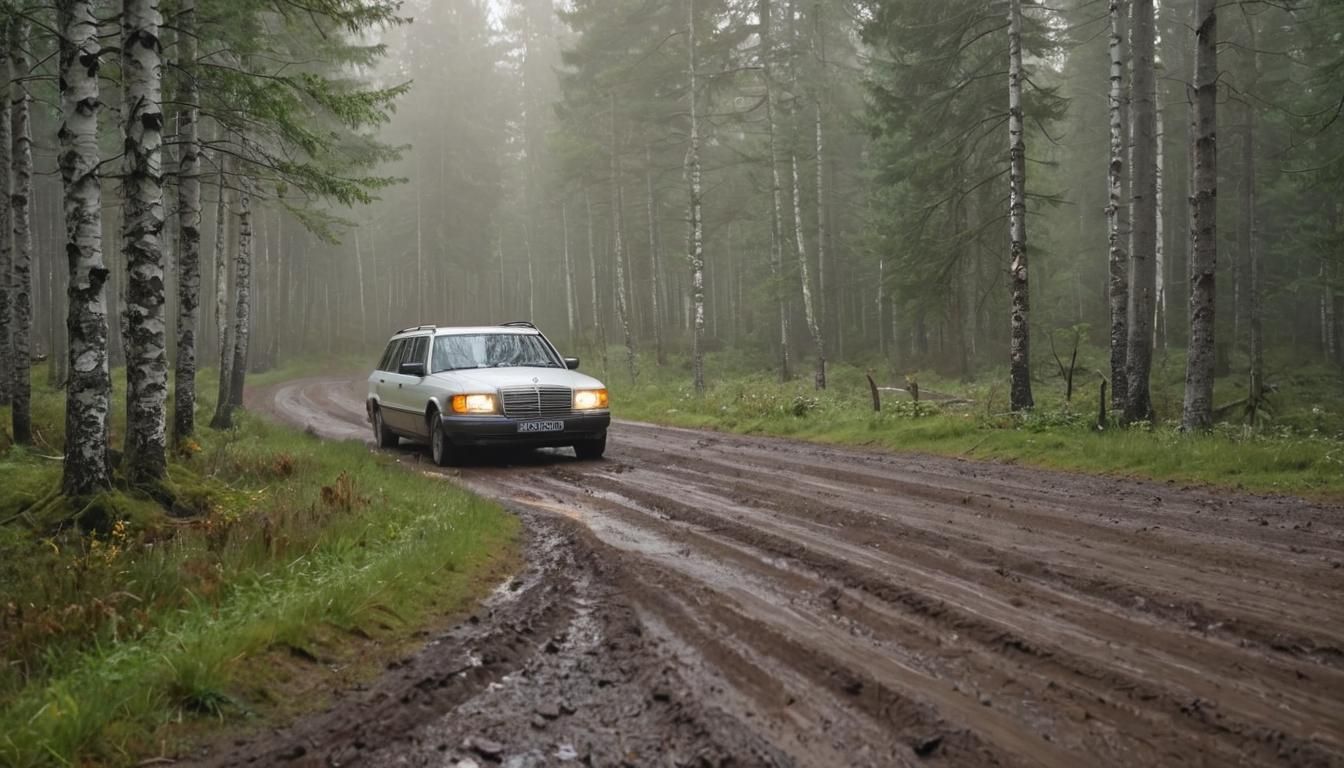 Classic Mercedes S210 on Forest Road