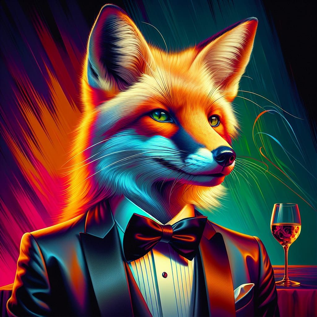 Anthropomorphic Fox in Tuxedo at Vivid Dinner Party