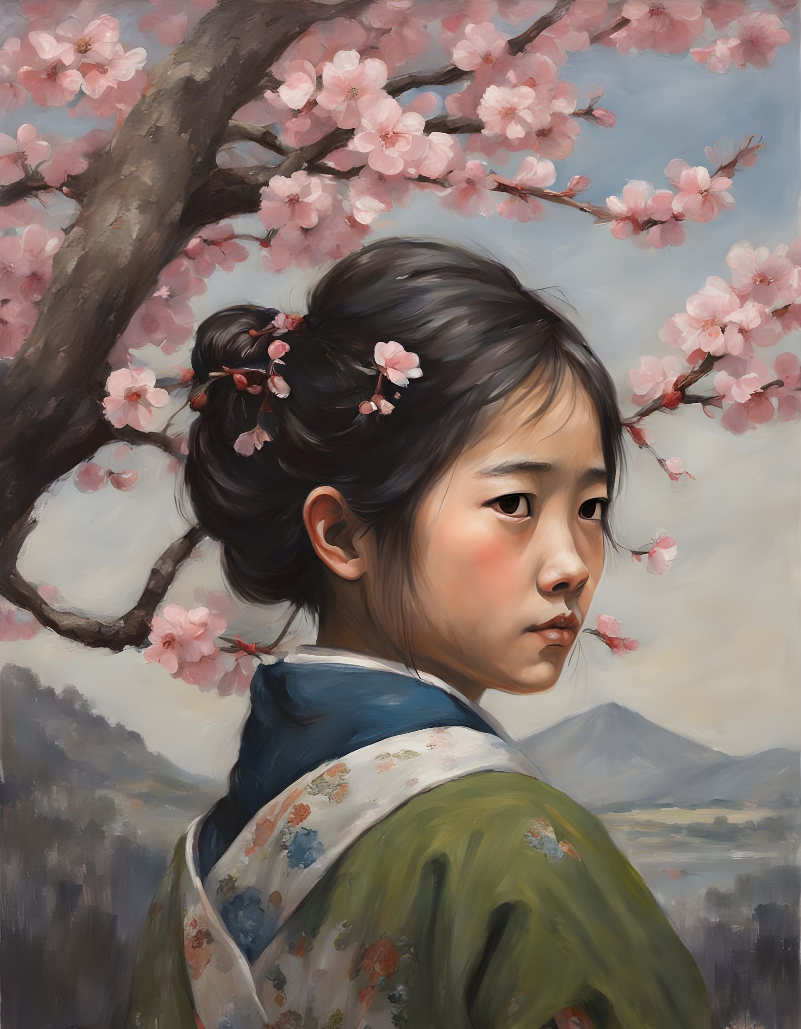 Japanese girl and a cherry blossom tree