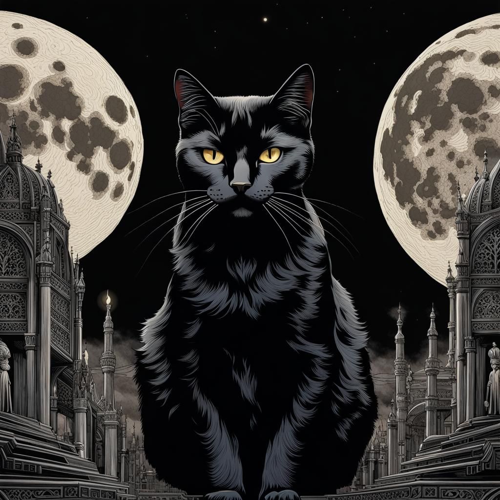 Detailed Black Cat Under Moonlit Sky