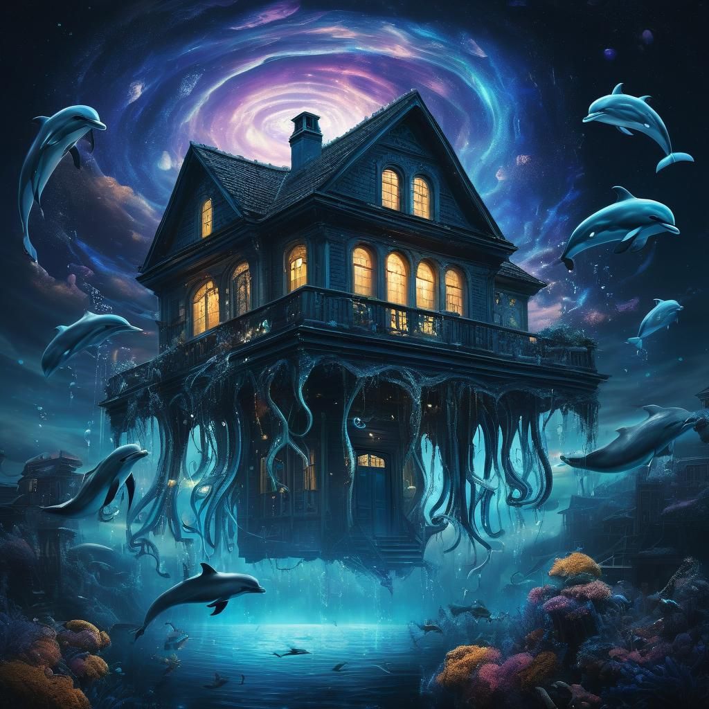 Surreal House with Tentacles and Dolphins in Space