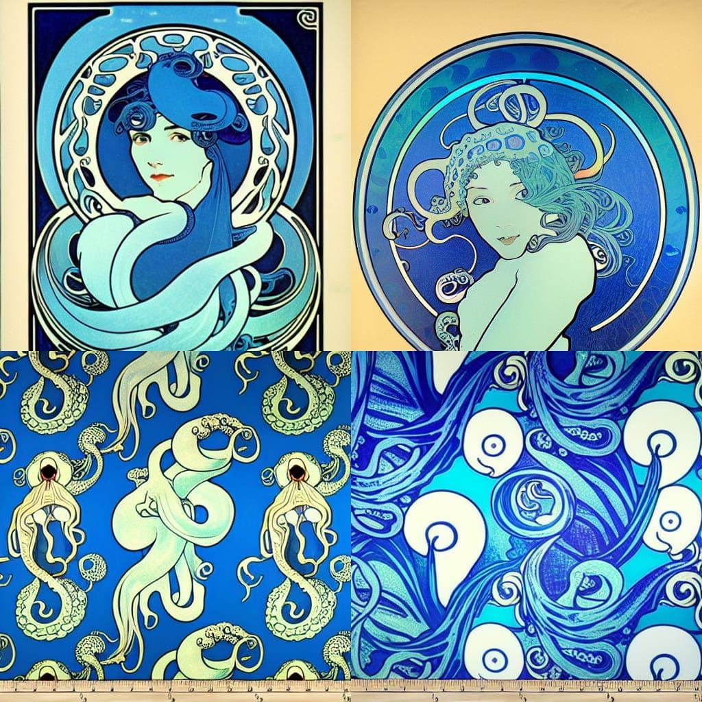 Octopus in Blue Shades: Alphonse Mucha Style