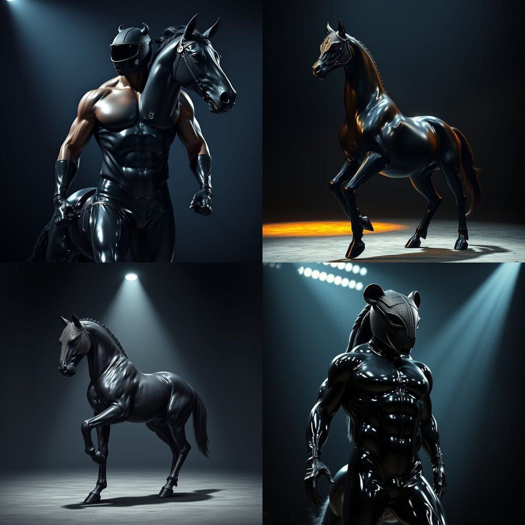 Cybernetic Centaur in Hyperrealistic Black Latex