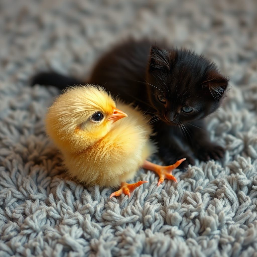 Whimsical Fuzzy Friends Play on a Soft Grey Carpet