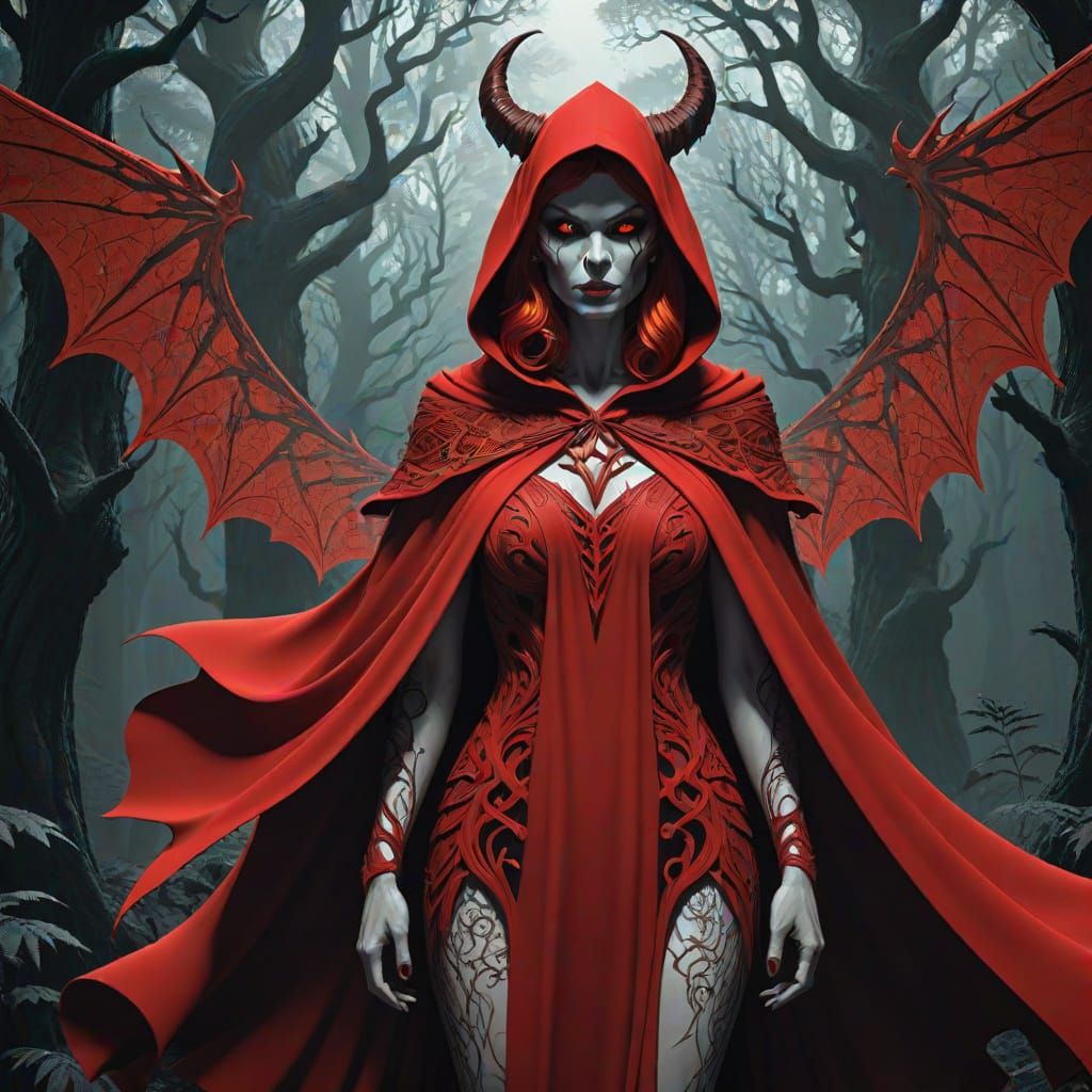 Redheaded Demon Woman in Dark Forest