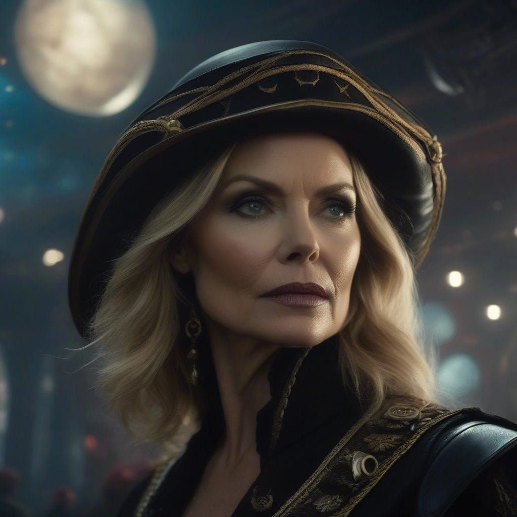 Portrait of Michelle Pfeiffer as space pirate Bo-Katan kryze from disney movie "Pirates of the space".  Intricate _detai...