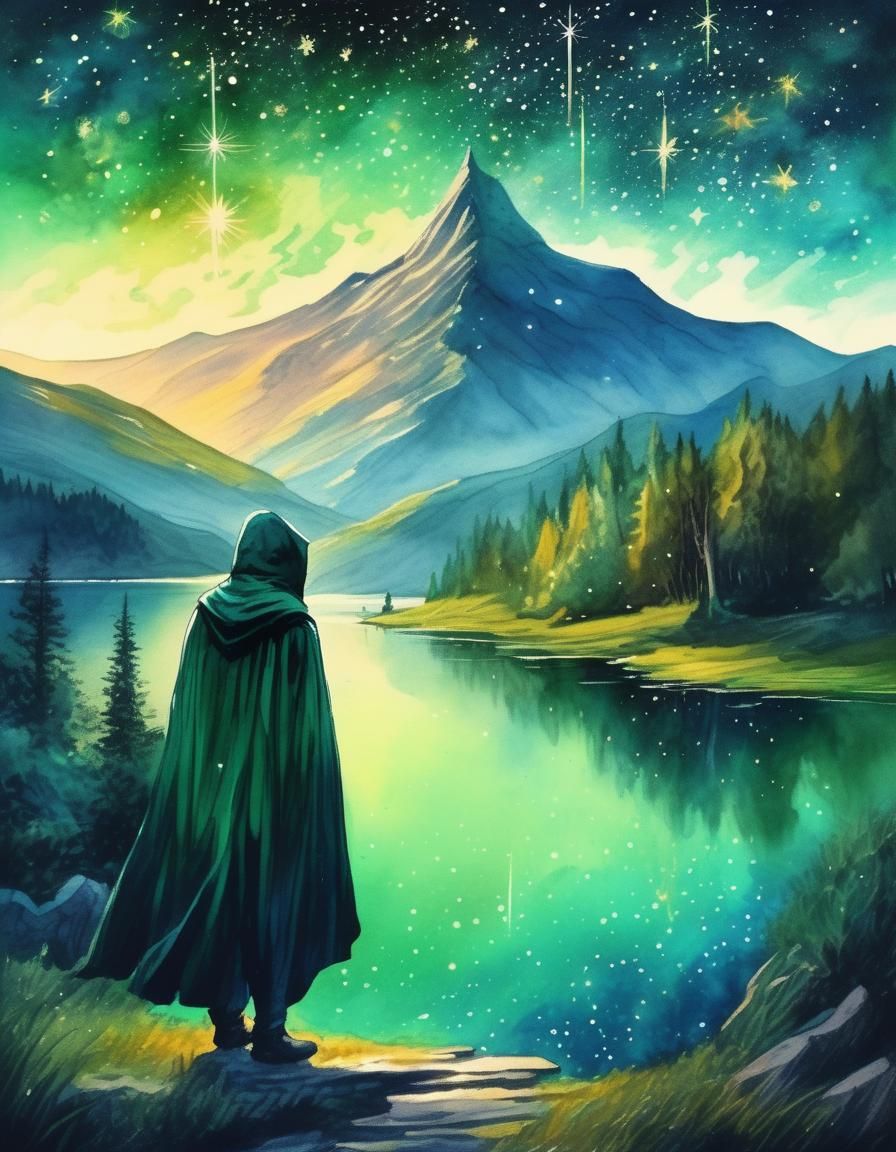 Watercolor Fantasy Landscape with Figure Under Stars