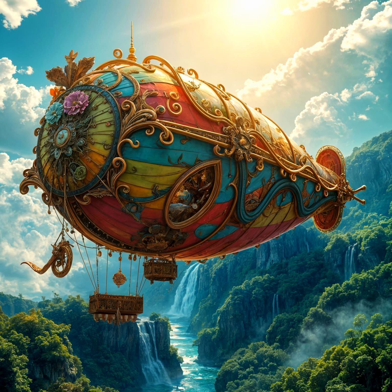 Enchanted Rainbow Zeppelin Soars Over Waterfalls