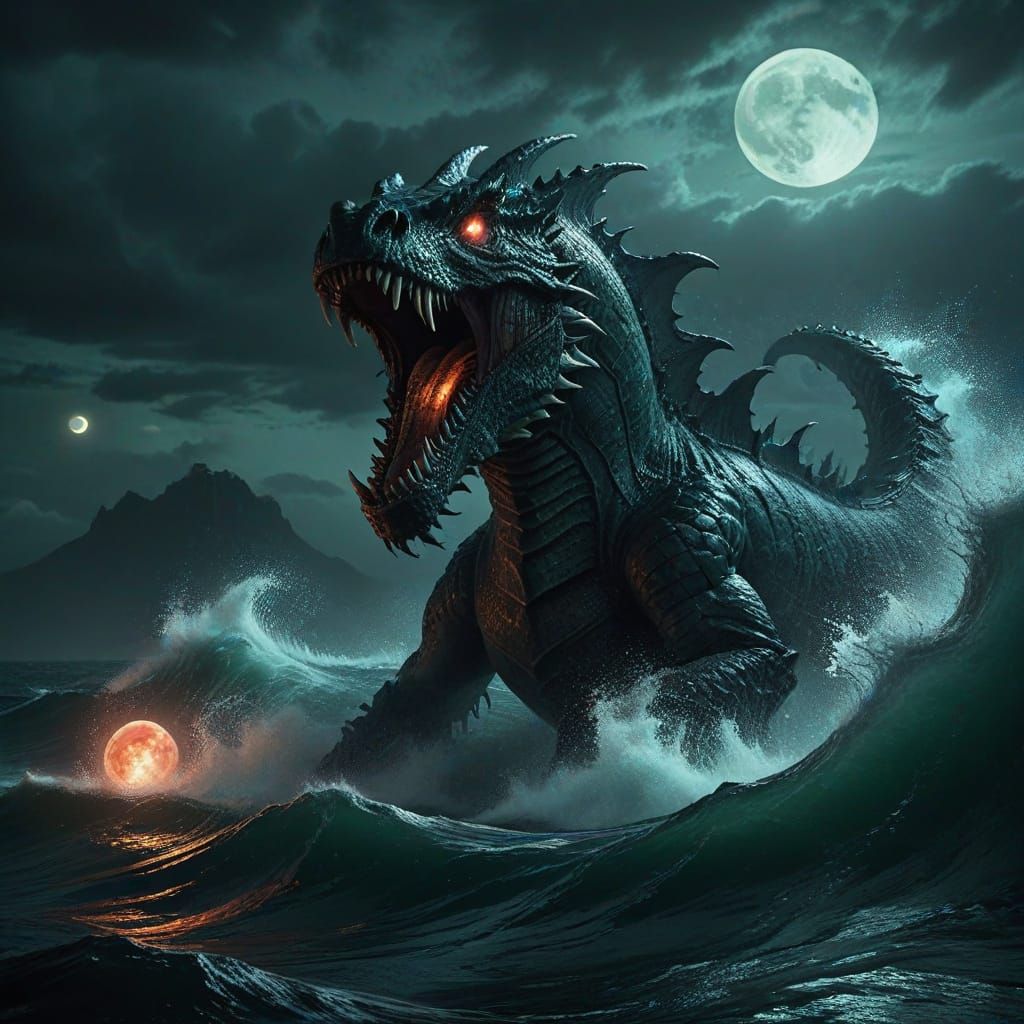 Massive Sea Serpent Emerges Under Blood Moon