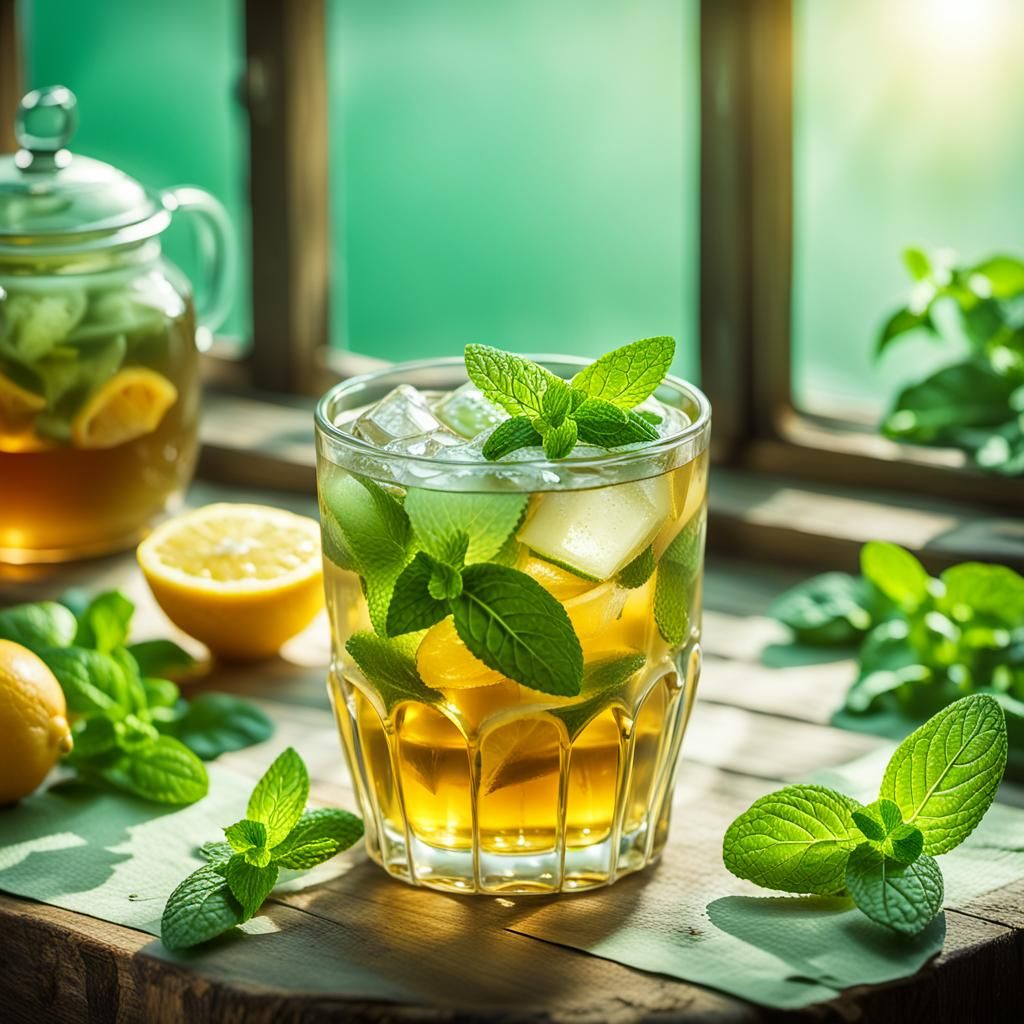Surreal 3D Digital Art of Iced Green Tea Scene in a Rustic S...
