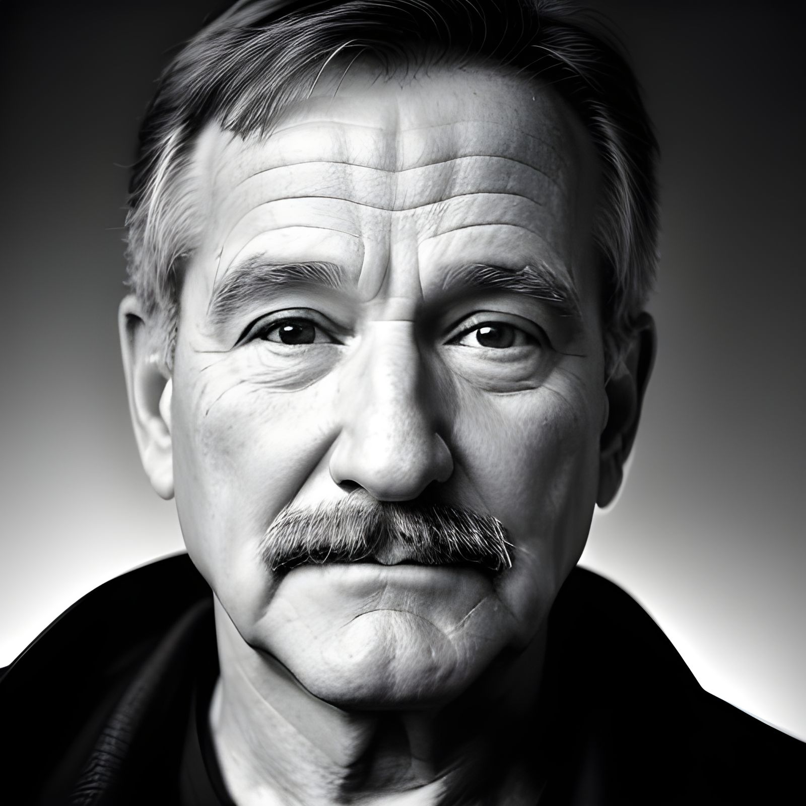 Black and white portrait photo of Robin Williams