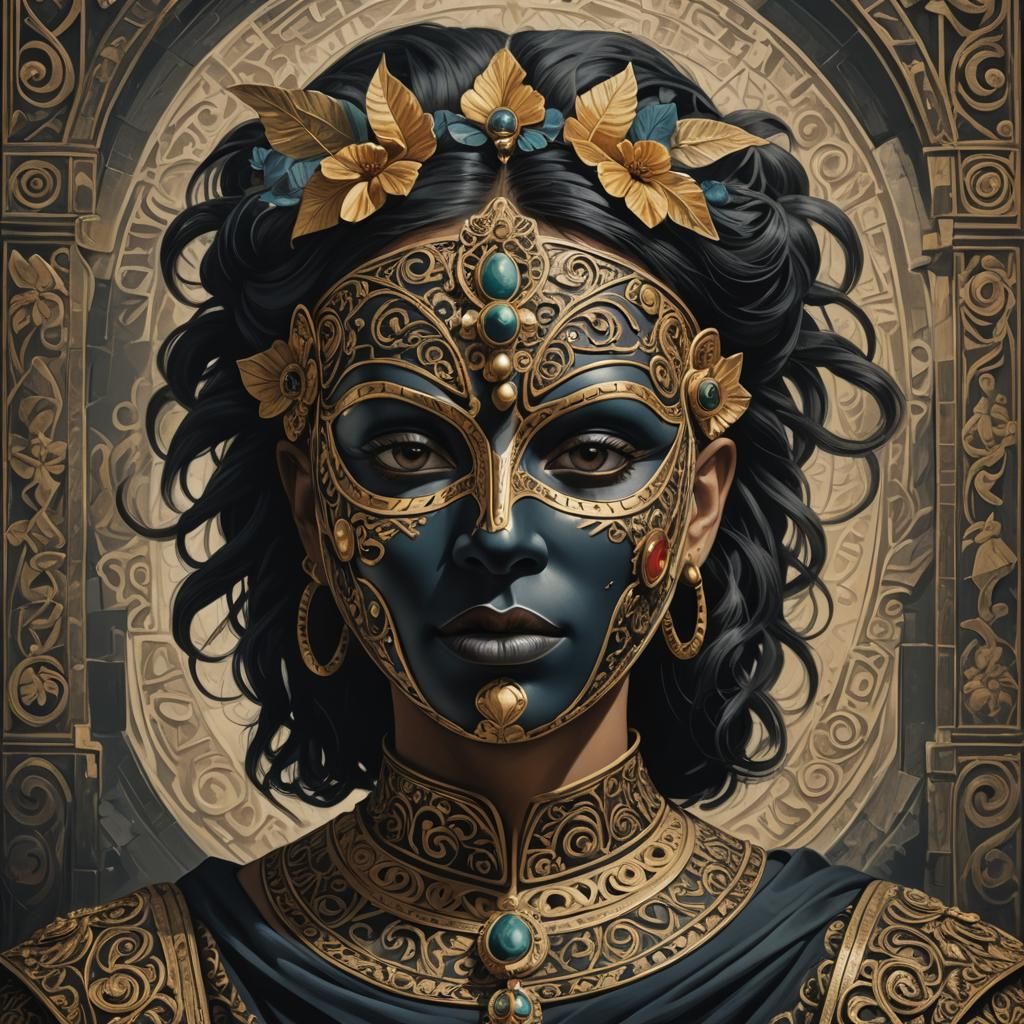 Woman with Tutankhamun Mask, Picasso-esque Engraving