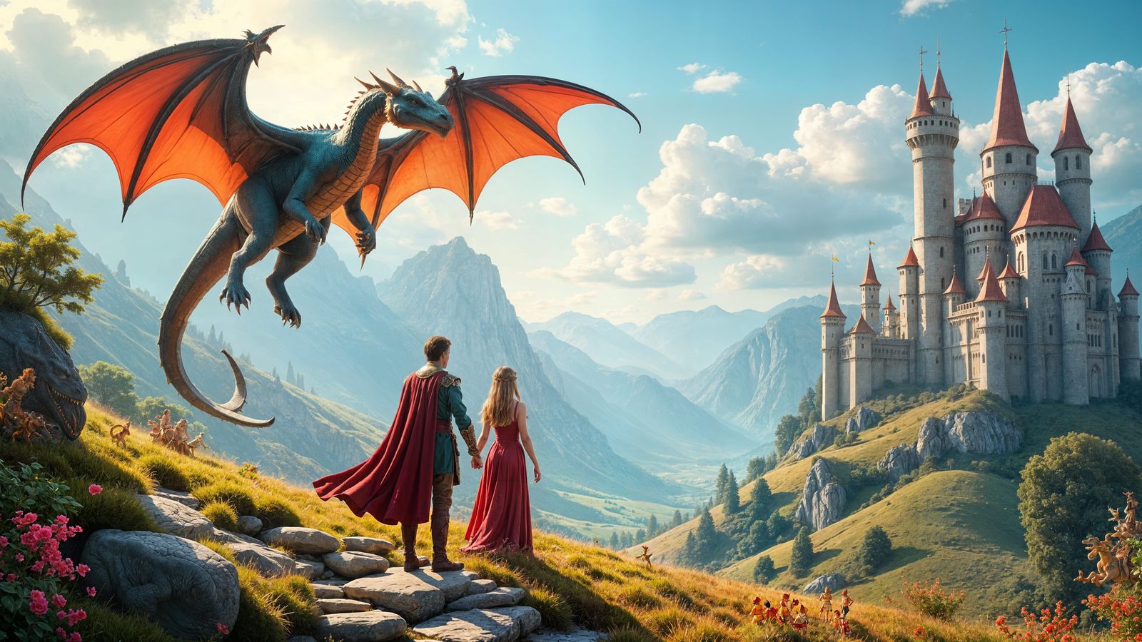 Epic Fantasy Illustration of Prince and Princess with Dragon
