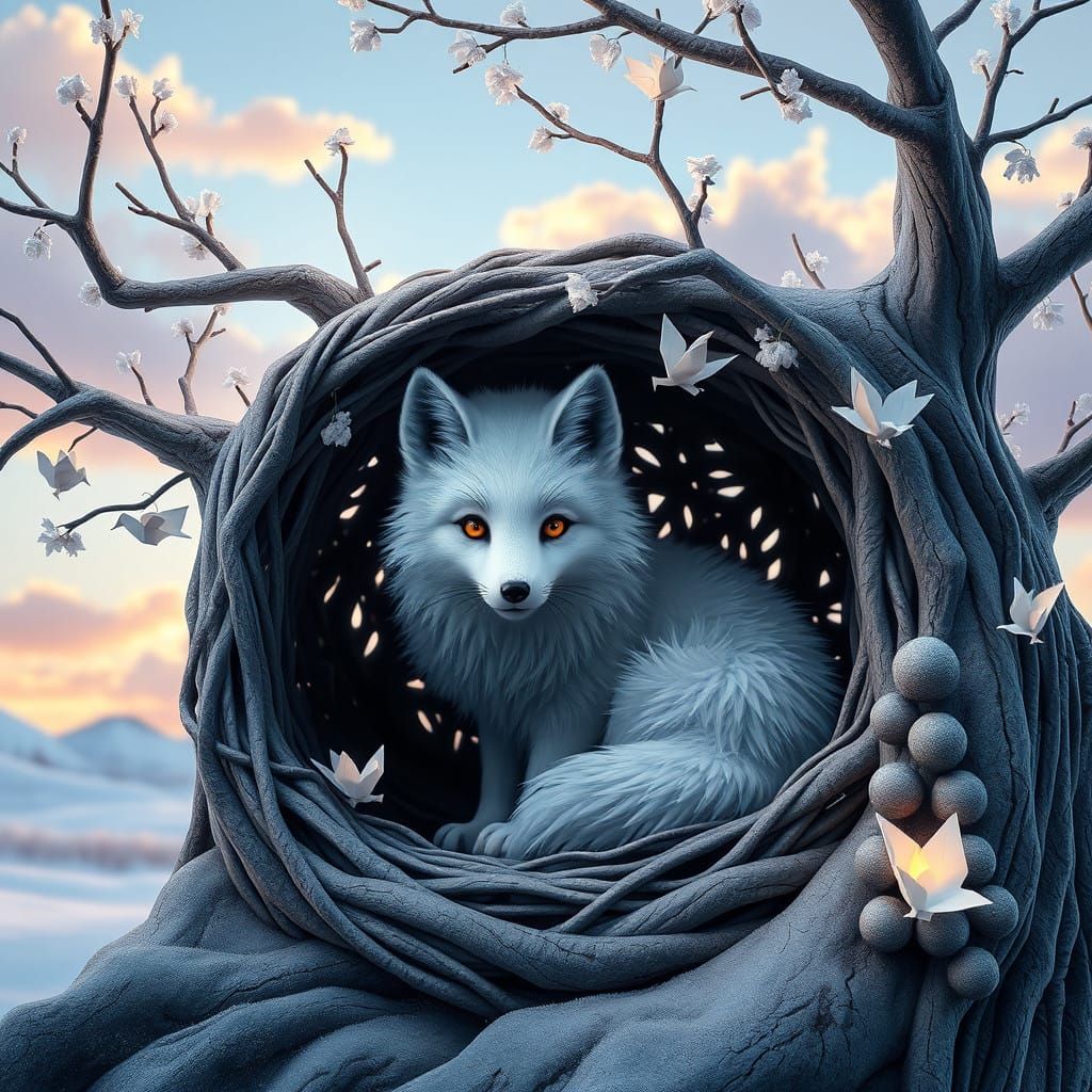 Arctic Fox in Snowy Tree Den with Origami