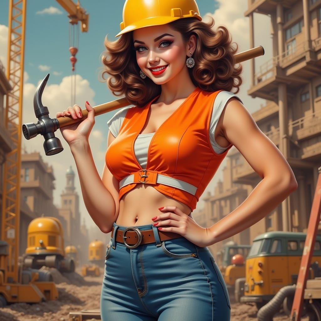 Vibrant Pinup Illustration of a Construction Worker Woman