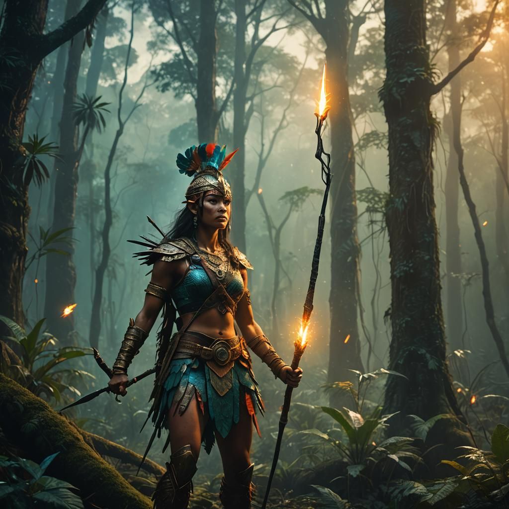 Amazonian Warrior in Misty Forest, Fantasy Concept Art