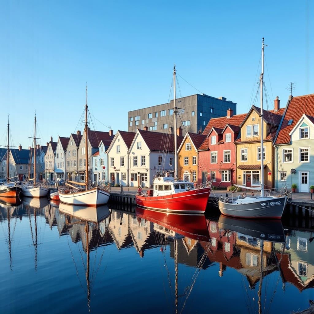 Charming Nordic Harbor Scene with Traditional Wooden Buildin...