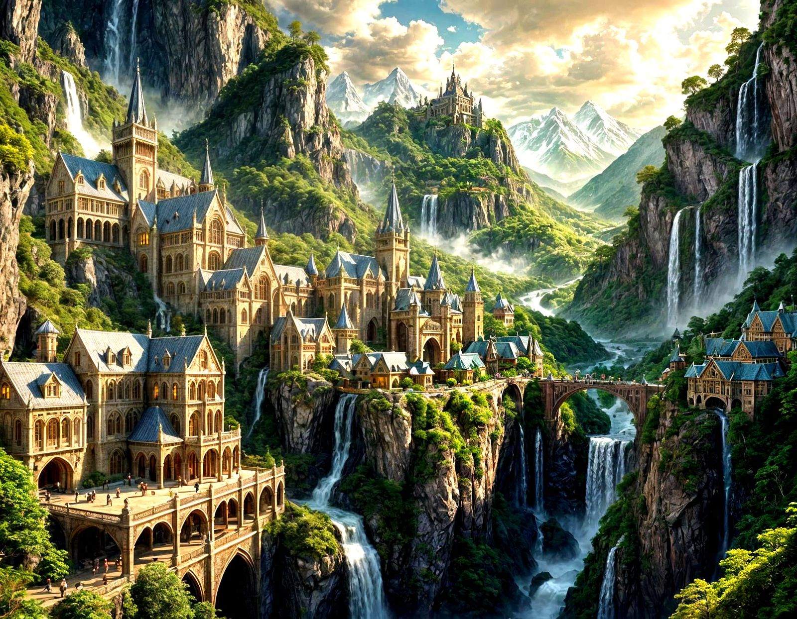 Rivendell-Inspired City of Cream-Colored Villas and Waterfal...