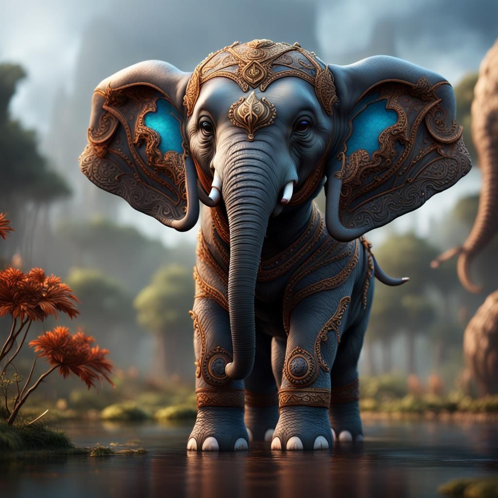 Fantastical Baby Elephant in Detailed Digital Painting