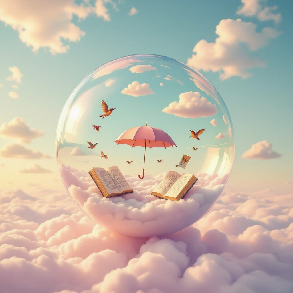 Giant Bubble Reflecting Dada Manifesto in Pastel Sky