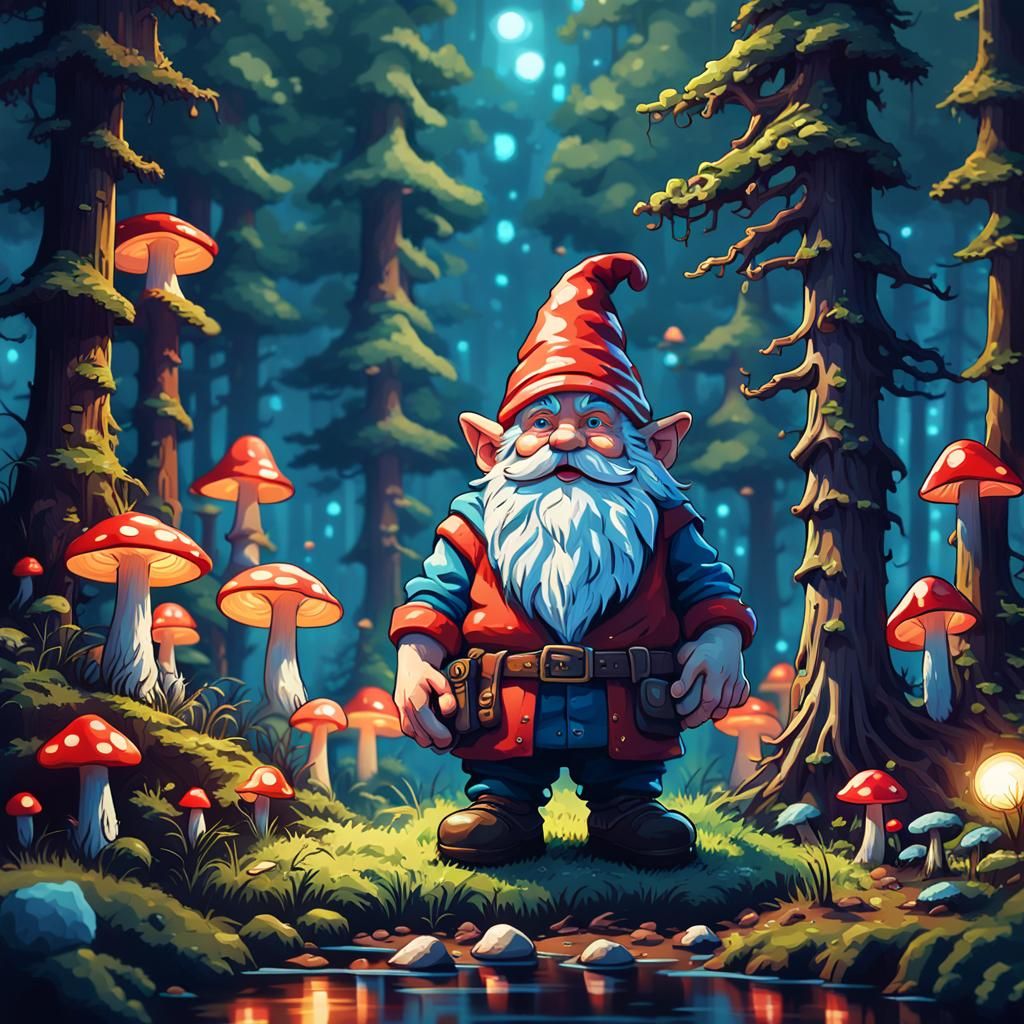 Gnome in Mystical Forest: Hyper-Realistic Pixel Art