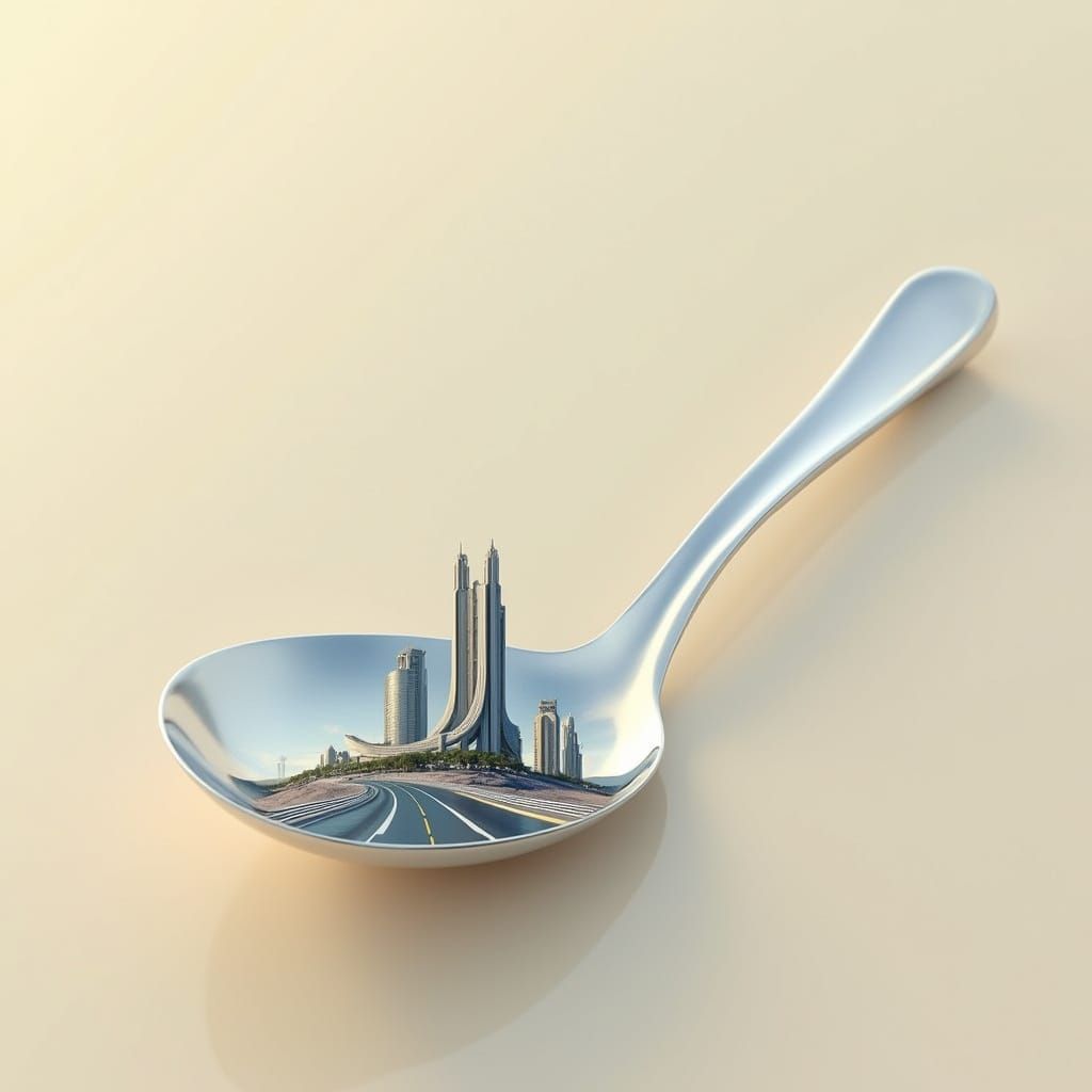 Futuristic Cityscape Reflected in Silver Spoon