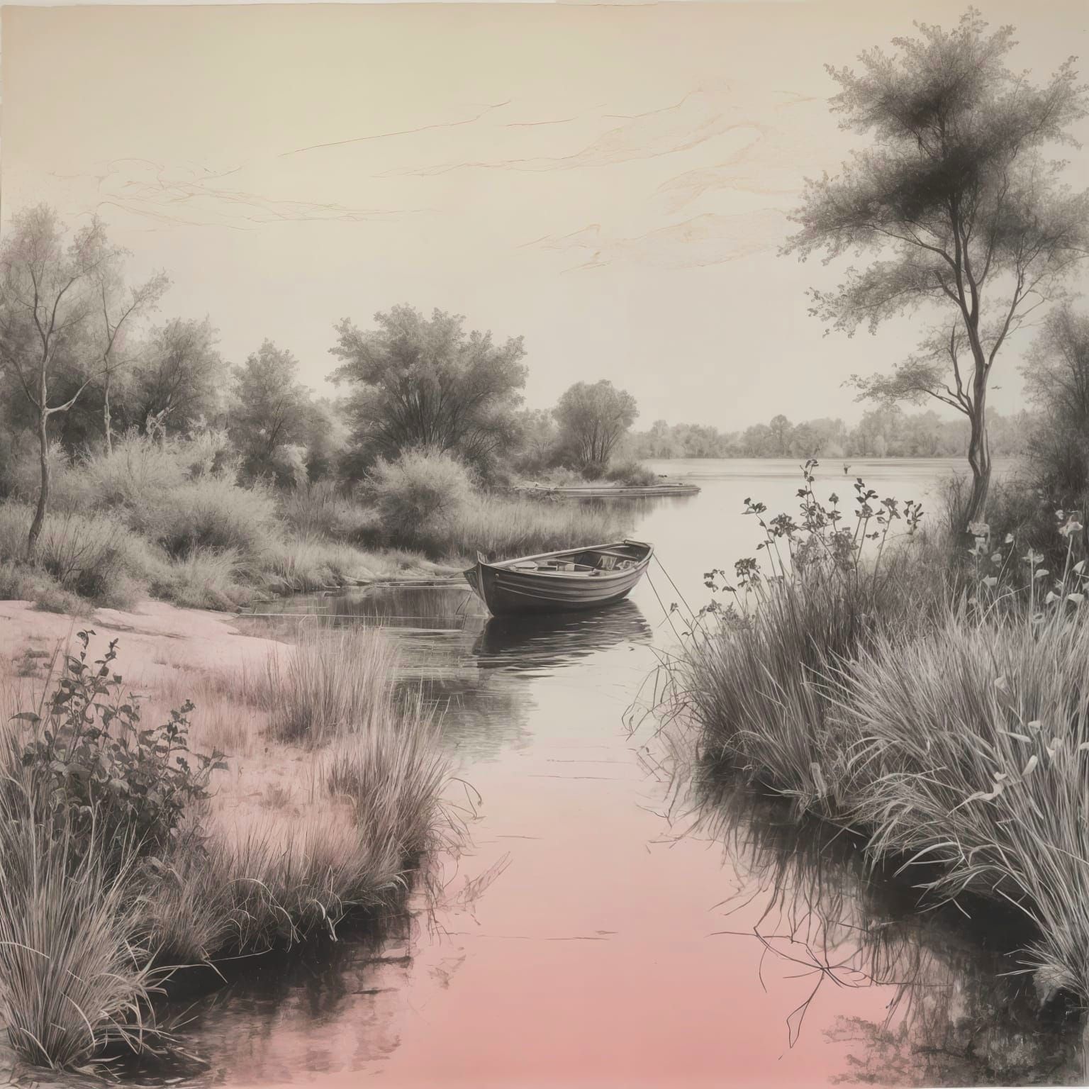 Water Garden with Distant Boat in Pink Accents
