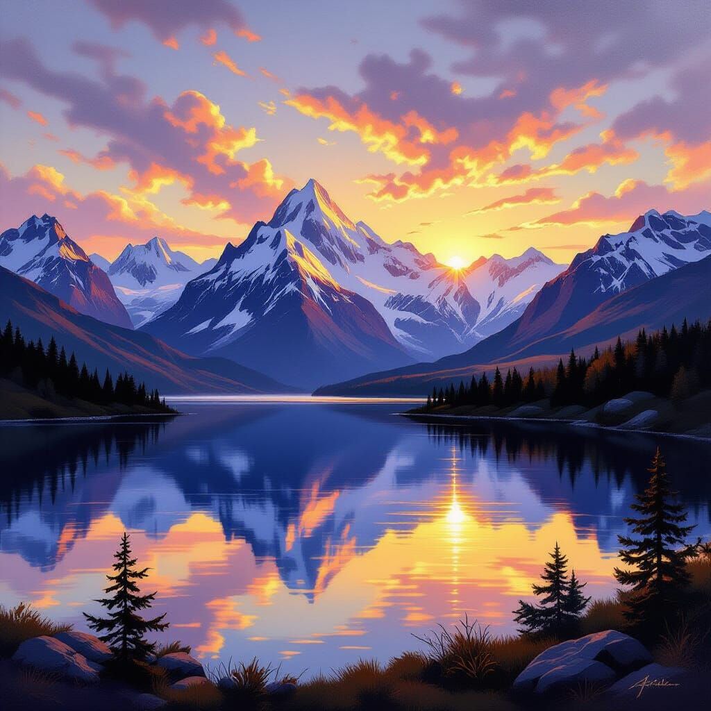 Majestic Mountain Sunrise Over Alpine Lake