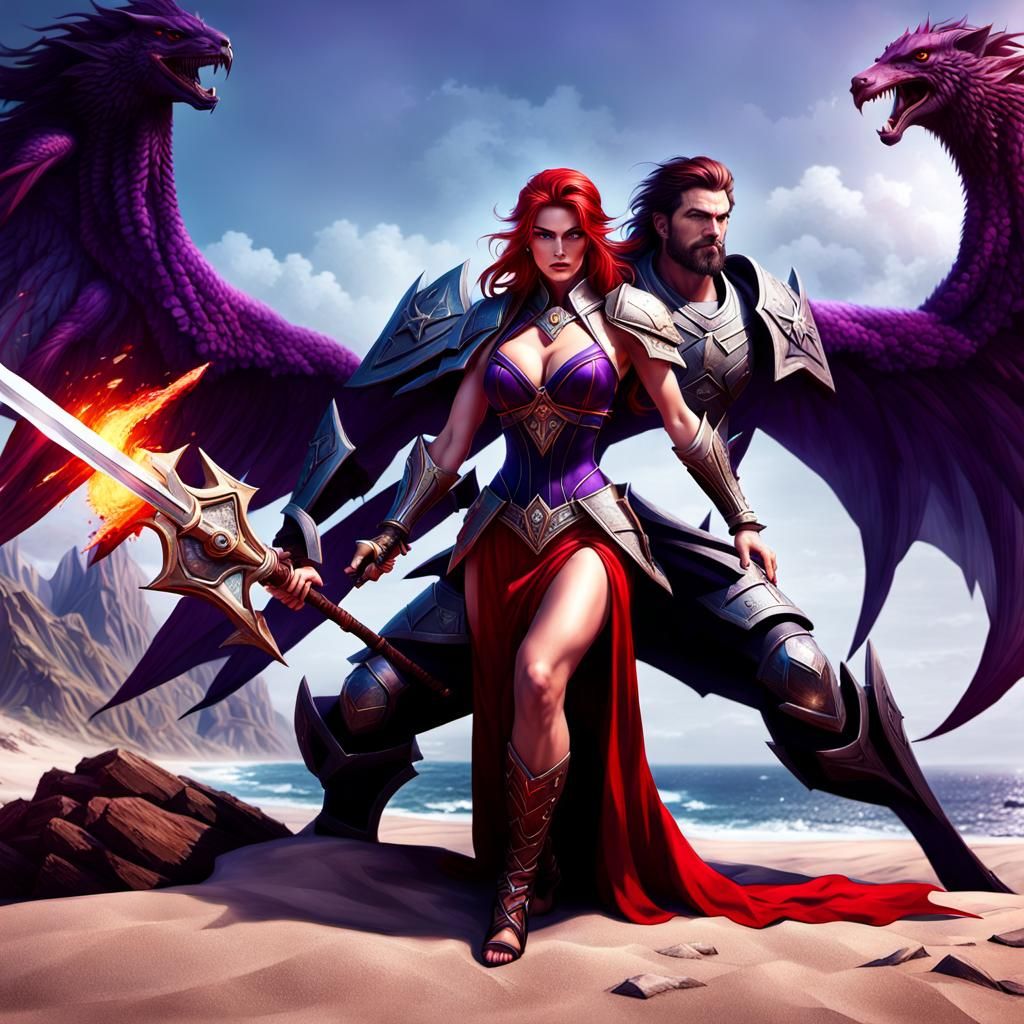 Victorious Woman with Sword on Beach, Fantasy Art