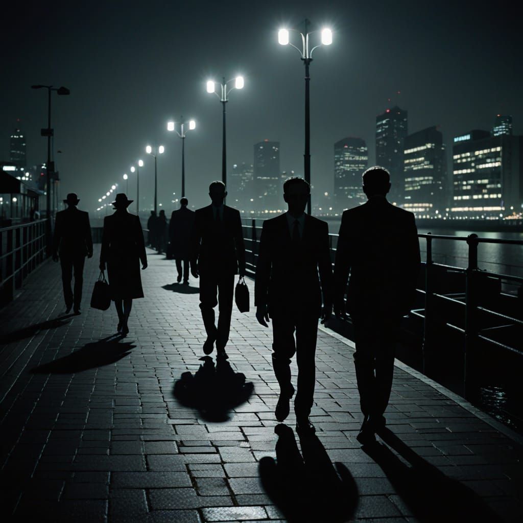 Men in Black Stand Ominously at the Wharf in Moody Film Noir...