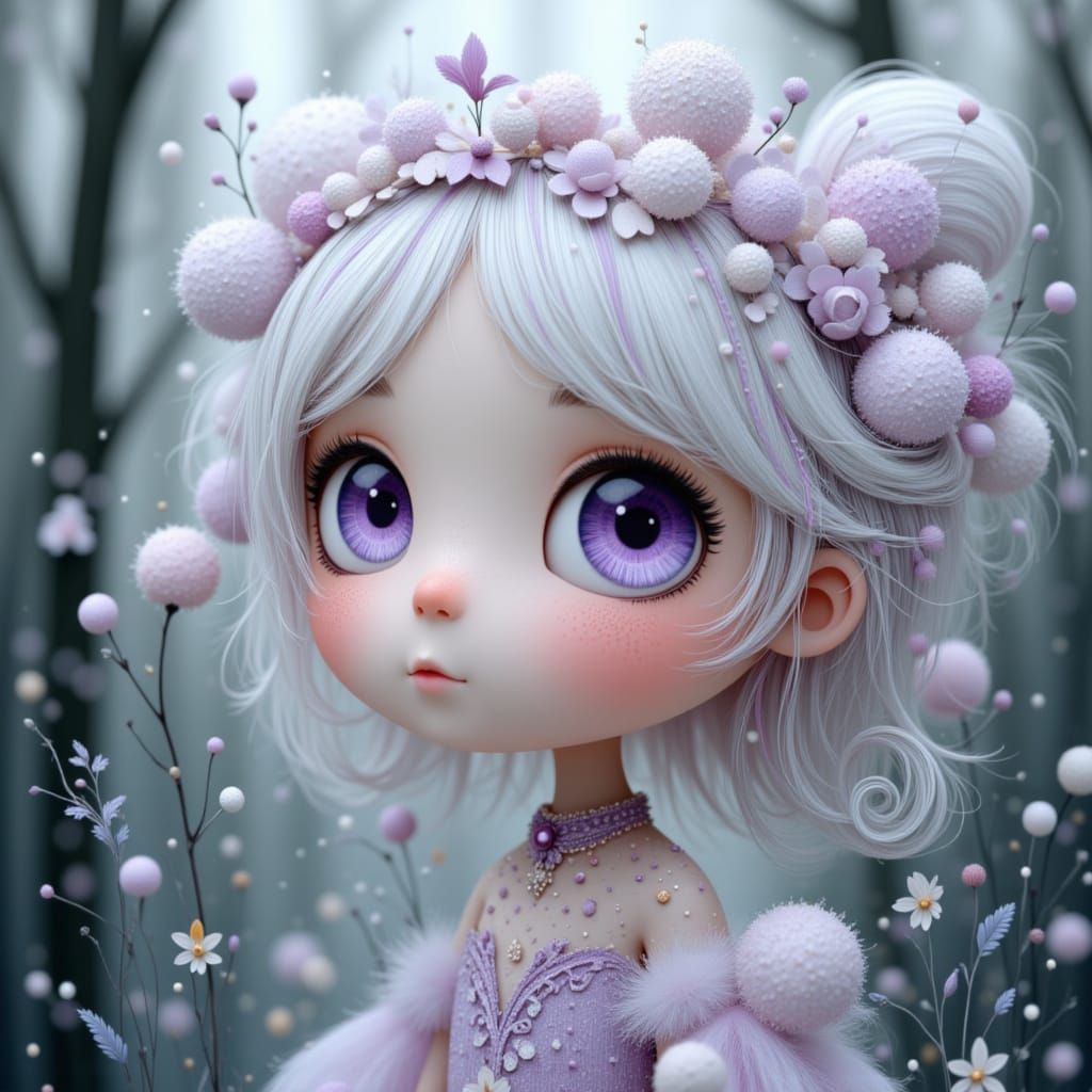 Ethereal Girl with Purple Eyes in Soft Grunge Style