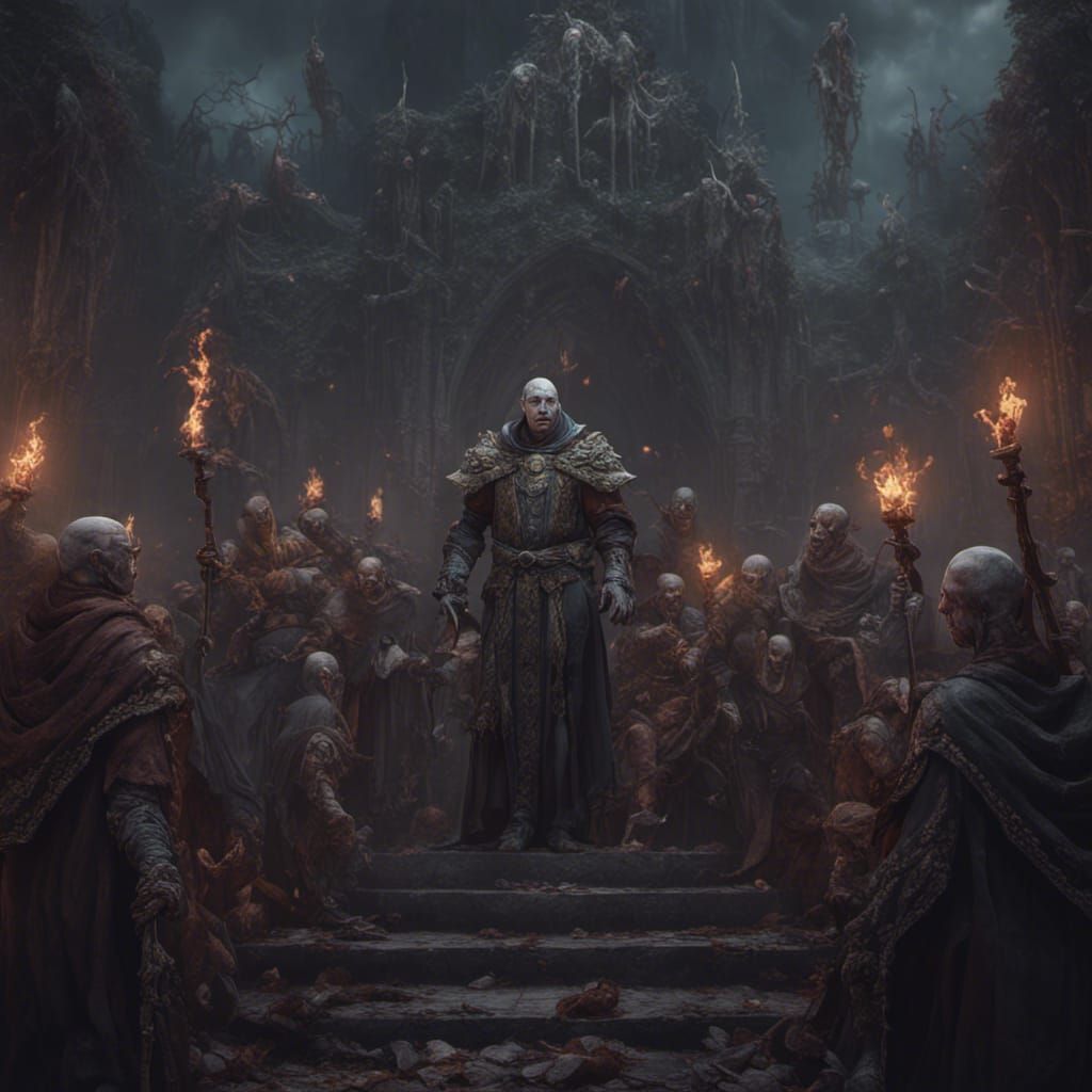 Cleric Surrounded by Undead: Detailed Matte Painting