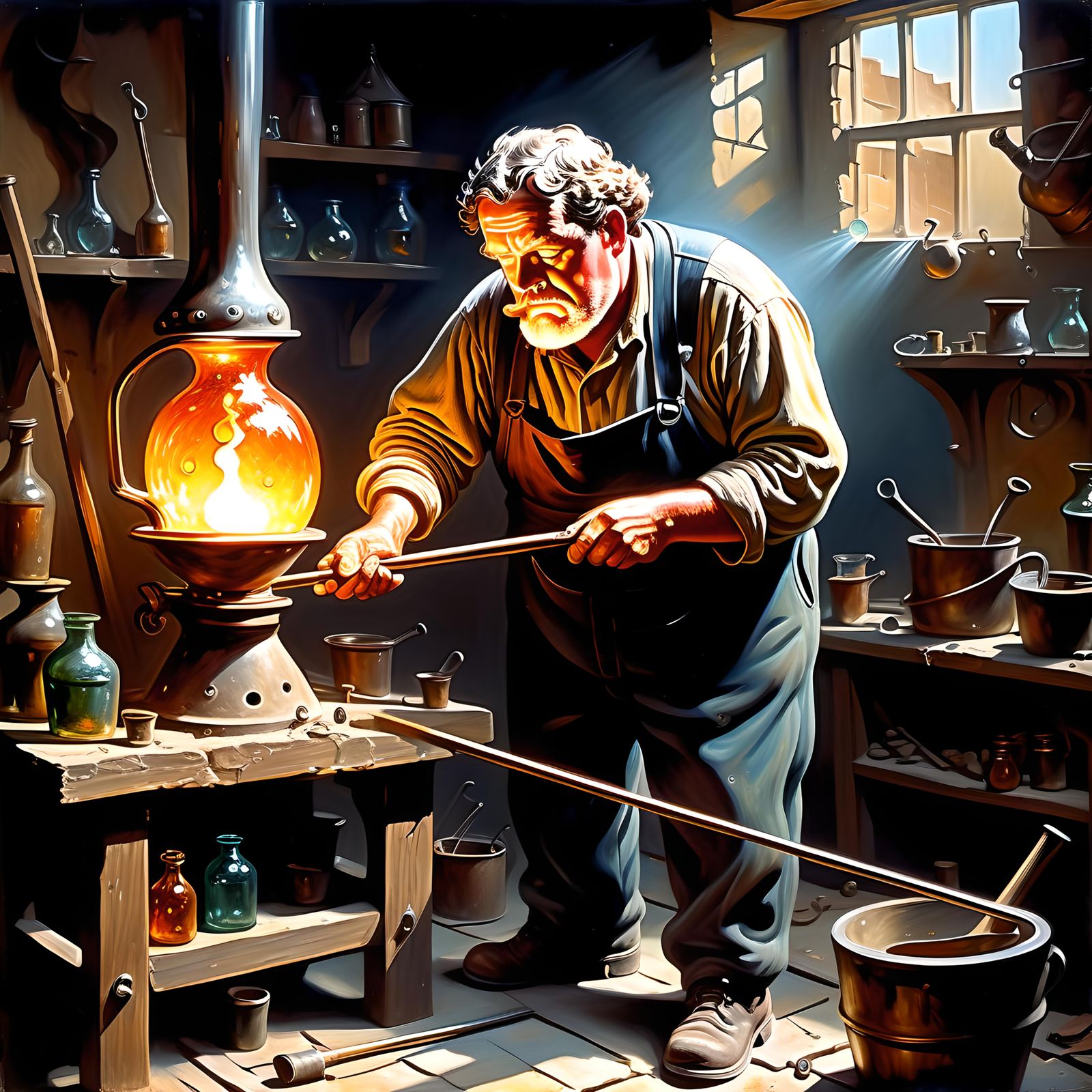 Glassblower in 1940s Workshop as Impasto Oil Painting
