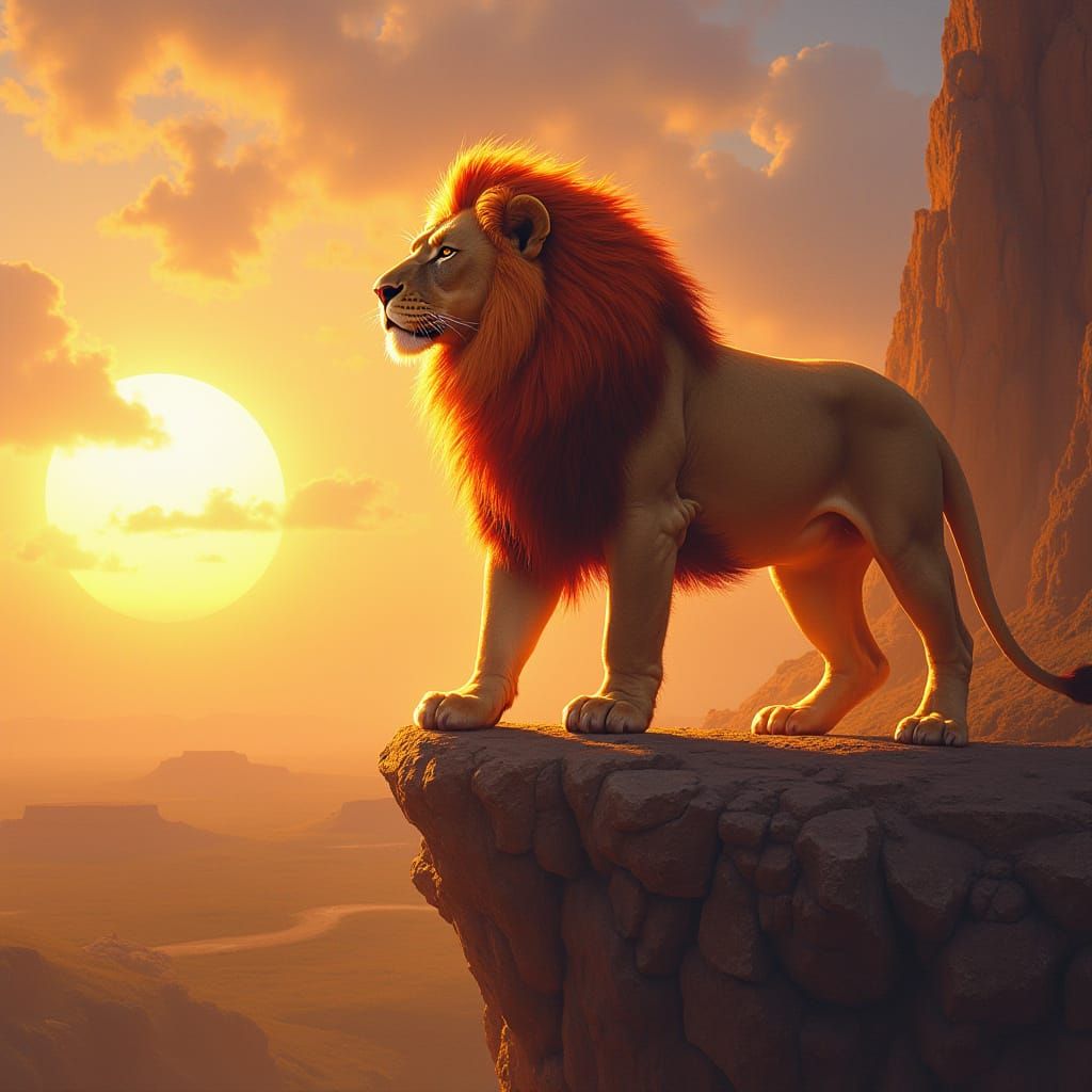 Fiery Lion Overlooking Savanna, Hyperrealistic Concept Art