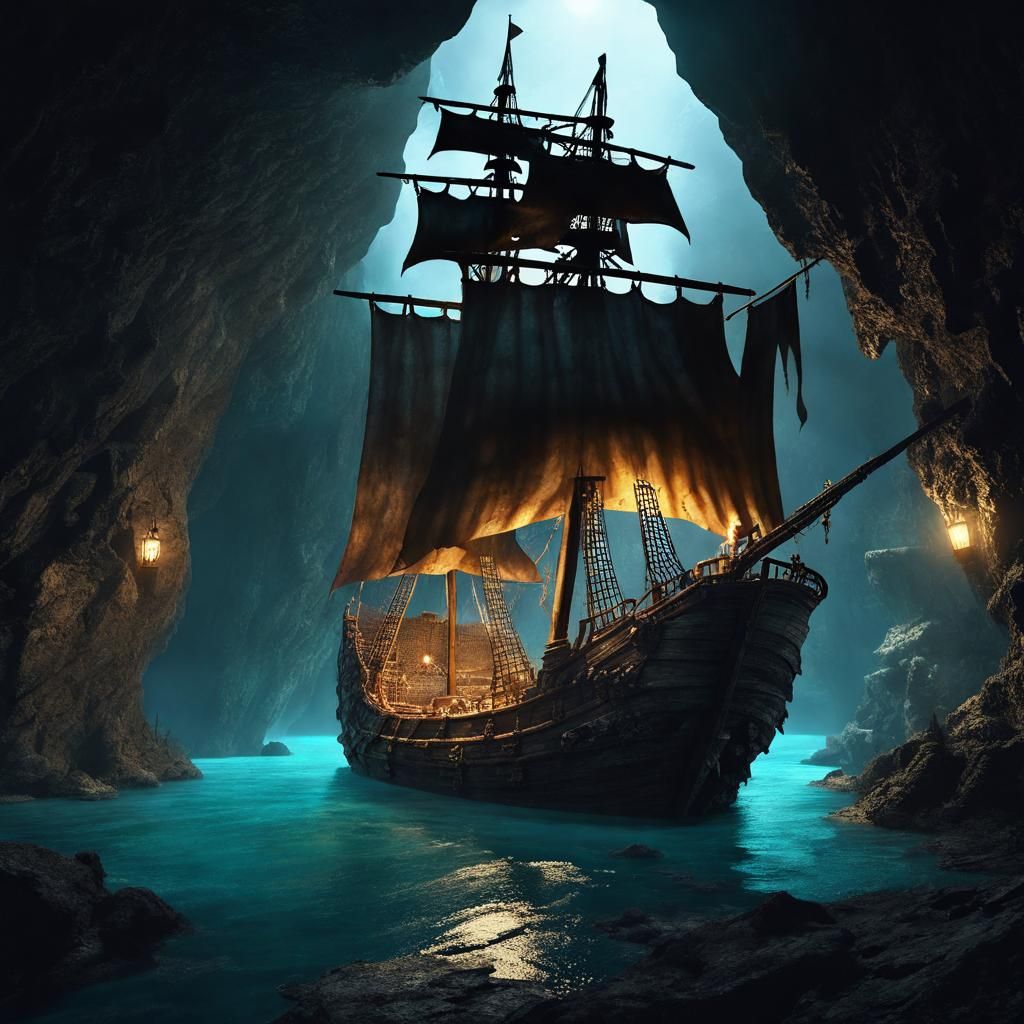 Pirate Ship Hidden in Cave: Dark Fantasy Art