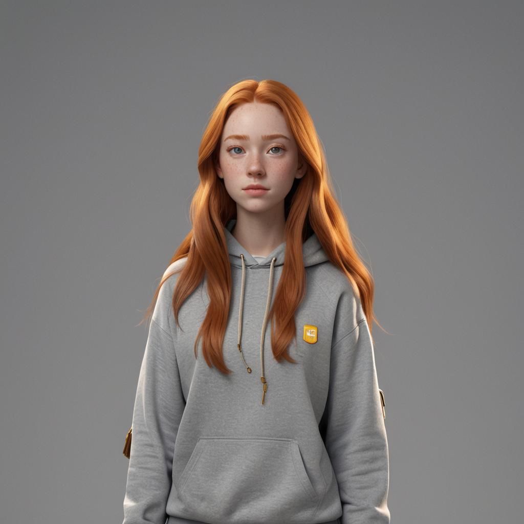 a teen girl with long ginger hair and light grey eyes, beautiful, wearing a grey sweatshirt with a gold backpack
