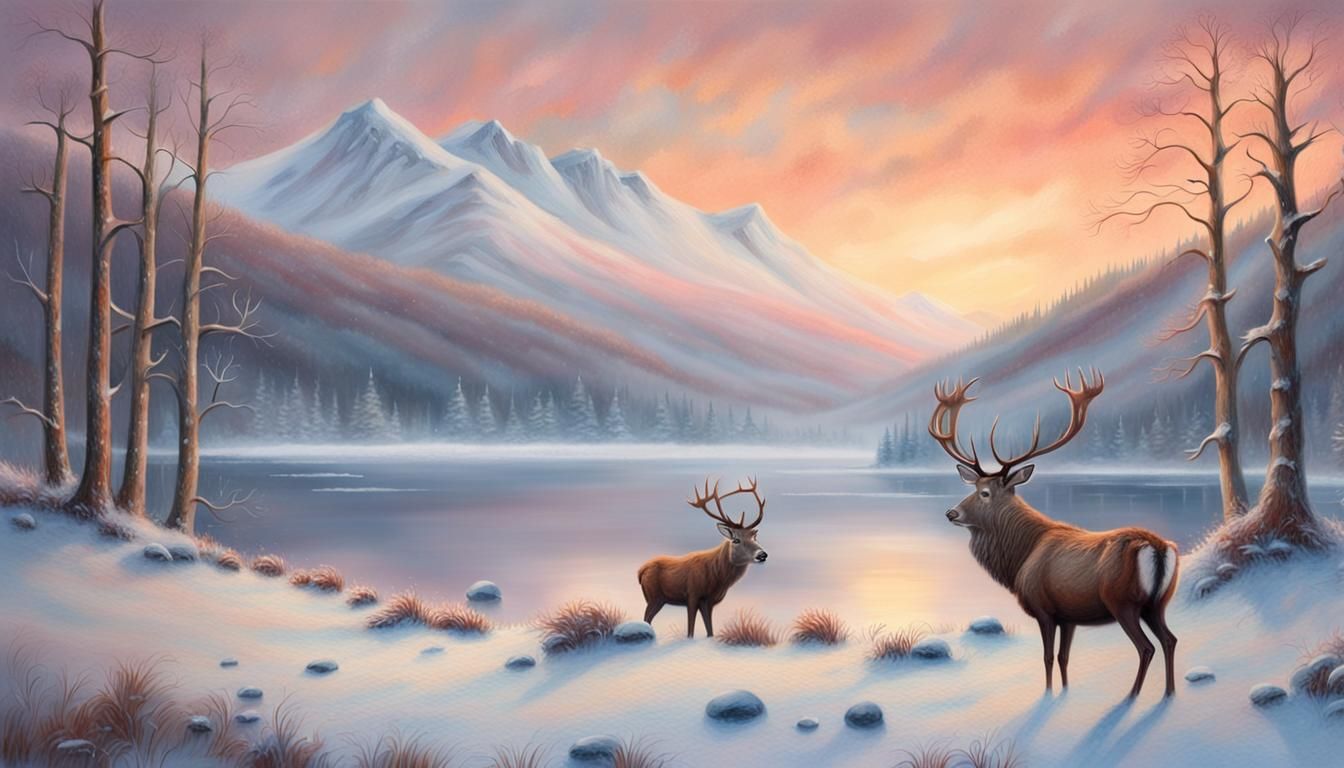 Scottish Loch Sunset Scene with Red Deer Stag