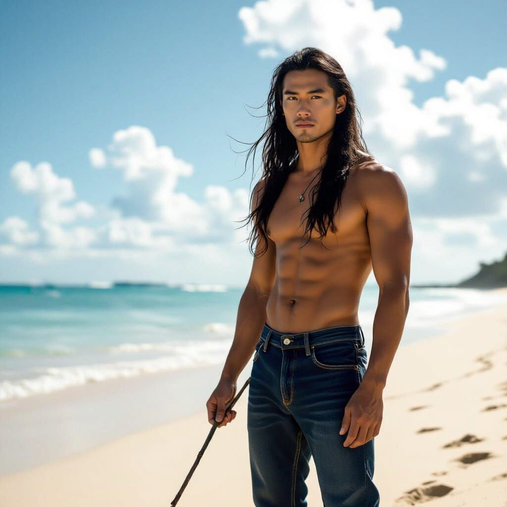 Thai Man on Beach with Long Hair, Photorealistic Film Still