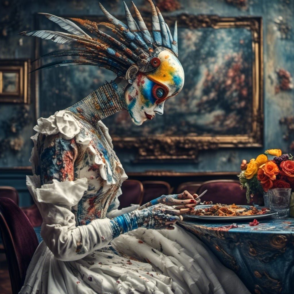 Beautiful Alien at Table in Polychromatic Style