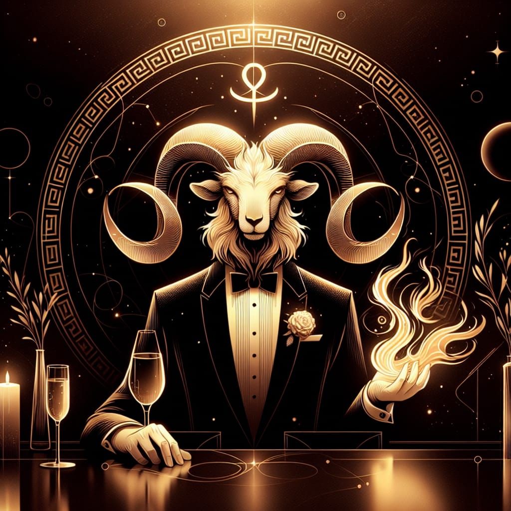 Greek Zodiac Aries Ram Head Gold Line Art with Flame Aura