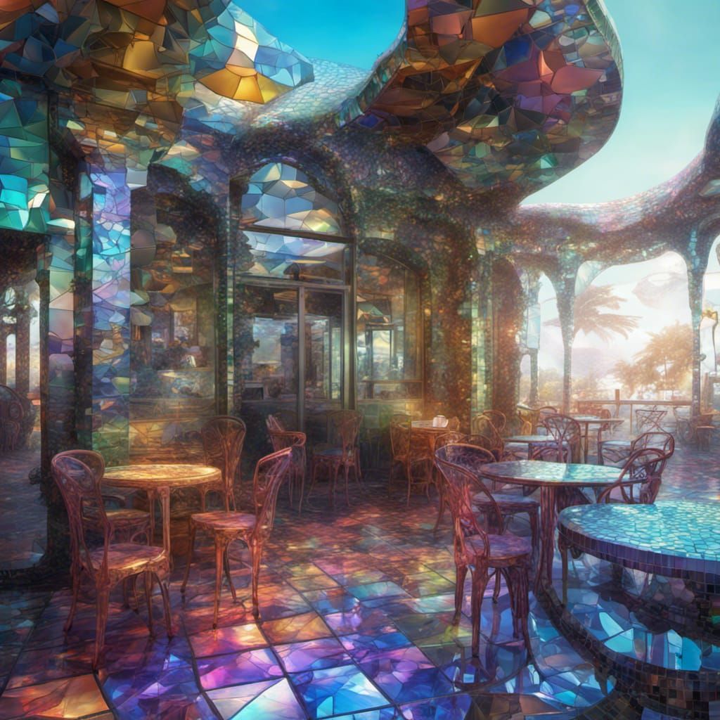 Iridescent Cafe: Metallic Mosaic Landscape in Art Nouveau St...