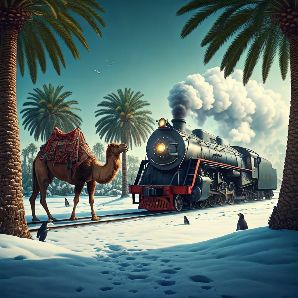 Surreal Oasis: Camel Caravan in Snowy Desert