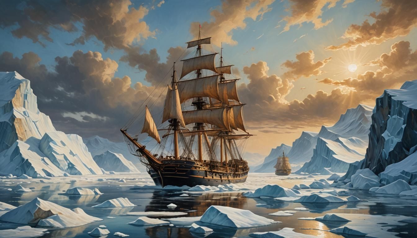 Franklin Expedition Ship Navigating Icy Waters in Oil Painti...