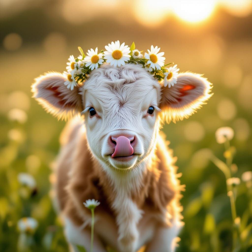 Cute Baby Calf in Flower Crown, Playfully Sticking Tongue Ou...