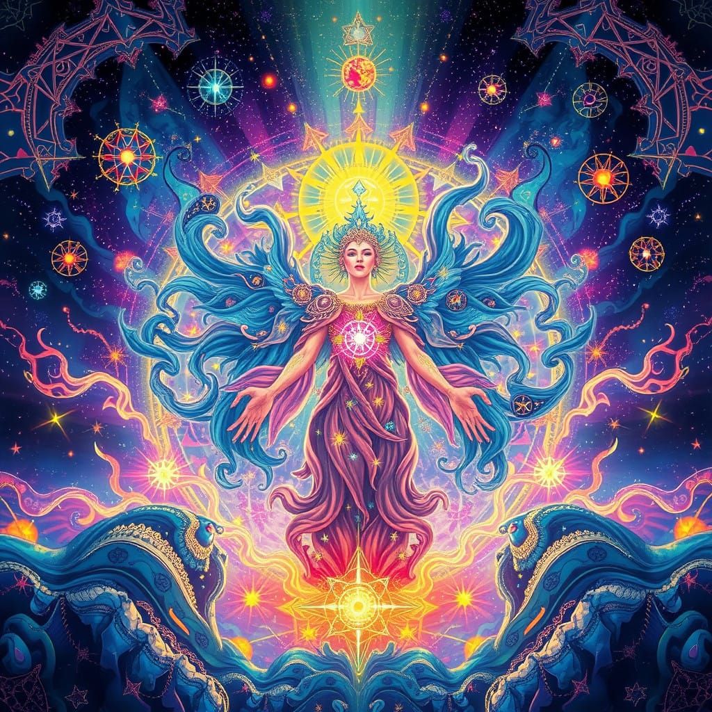 Cosmic Profit Goddess in Vibrant Astral Cosmos