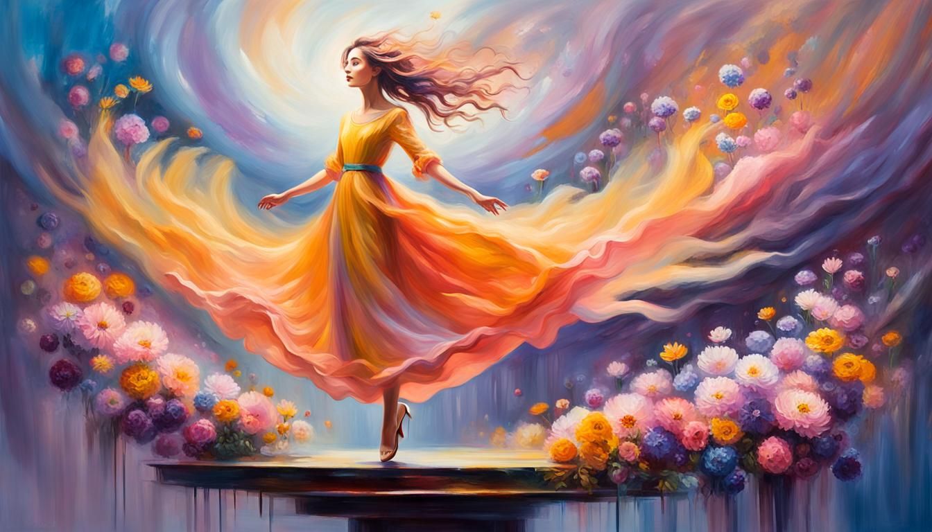 Beautiful Lady on Floating Platform, Oil Painting