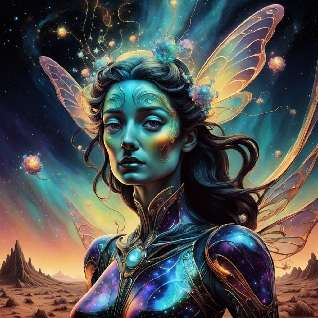 Surreal Celestial Fairy Dissolves into Cosmic Bloom