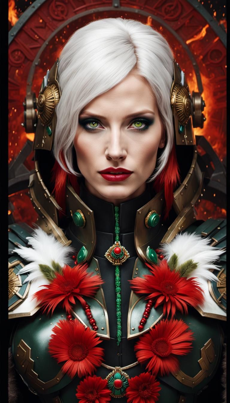 Space Marine Woman in Cybernetic Armor with Aztec Headdress